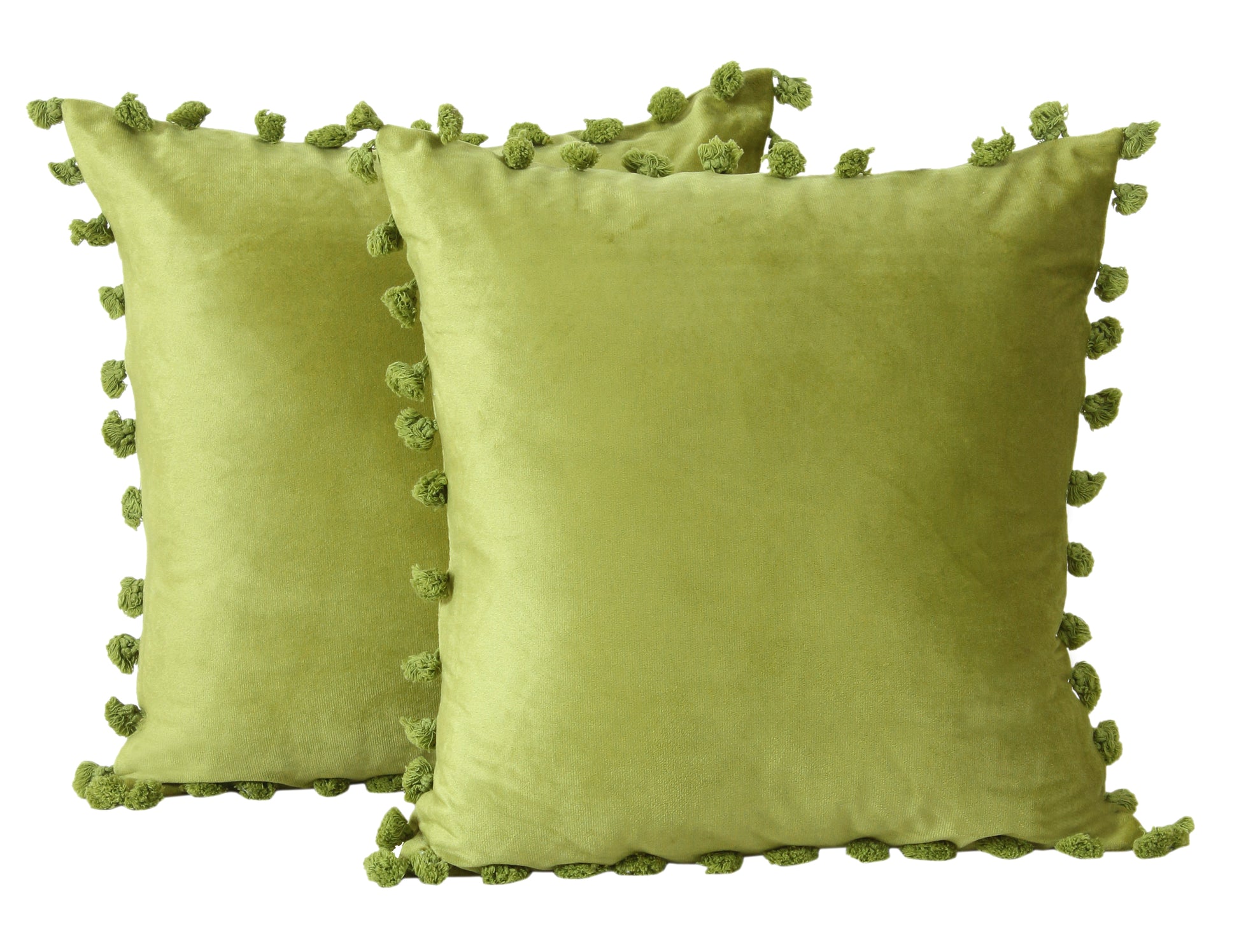 KNOTTING HOME Velvet Tassels Fringe Design Cushion Cover Throw Pillow Covers for Sofa Living Room in Green Color