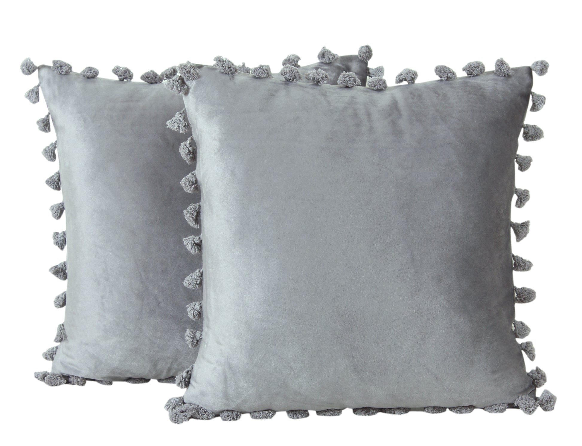 KNOTTING HOME Velvet Tassels Fringe Design Decorative Throw Pillow Covers Soft Solid Square Cushion Cover Pillow Decor, Silver