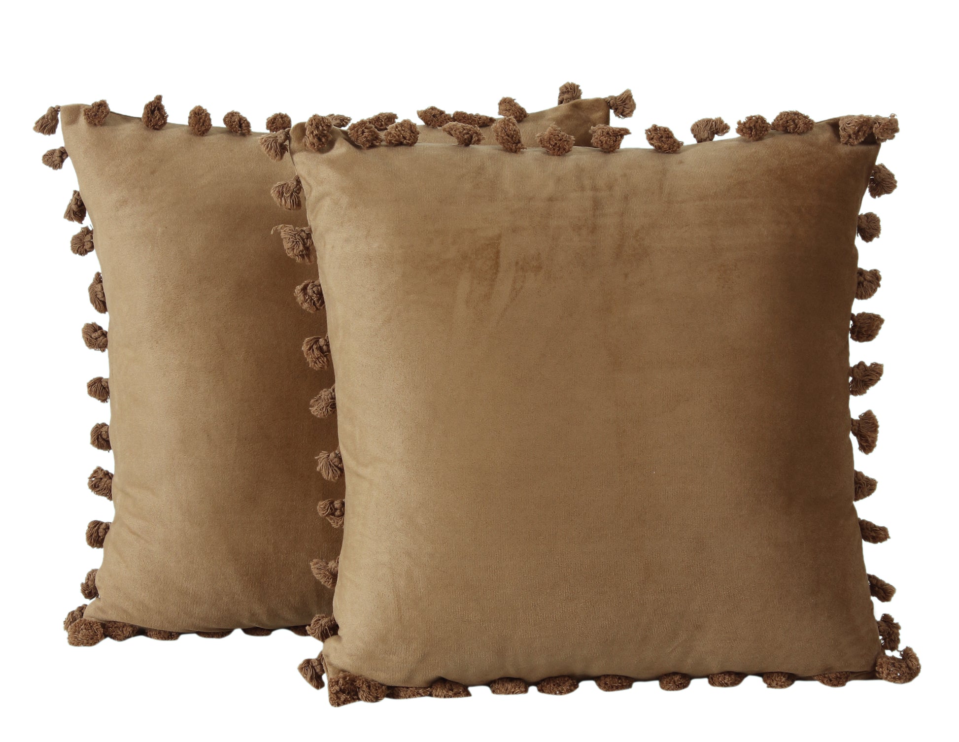 KNOTTING HOME Velvet Tassels Fringe Design Cushion Cover Throw Pillow Covers for Sofa Living Room in Brown Color