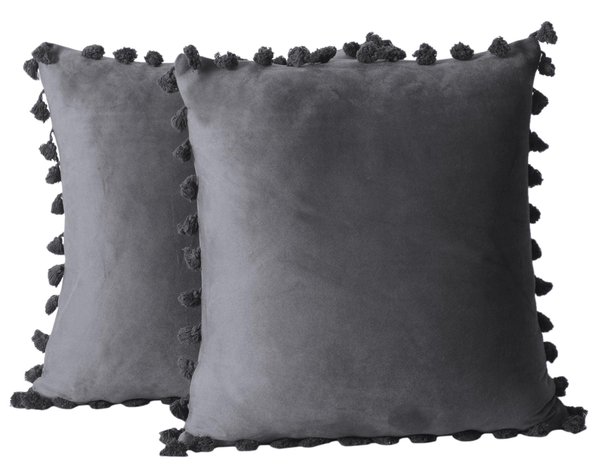 KNOTTING HOME Velvet Tassels Fringe Design Decorative Throw Pillow Covers Soft Solid Square Cushion Cover Pillow Decor, Grey Color