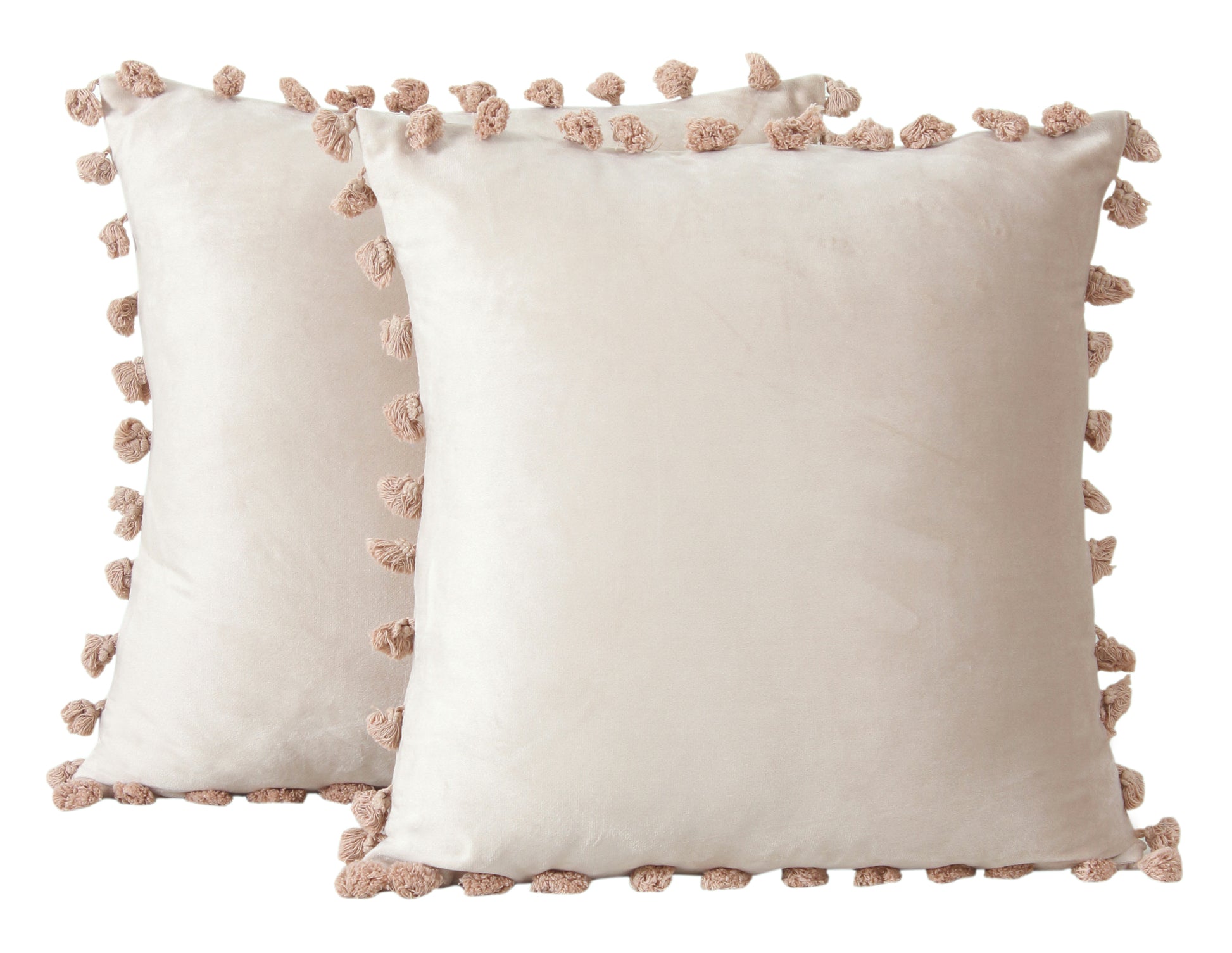 KNOTTING HOME Velvet Tassels Fringe Design Cushion Cover Throw Pillow Covers for Sofa Living Room in Beige Color