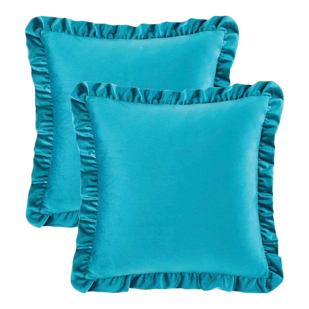 KNOTTING HOME Velvet Decorative Ruffle Cushion Pillow Covers for Sofa Couch and Home decor In Teal Color