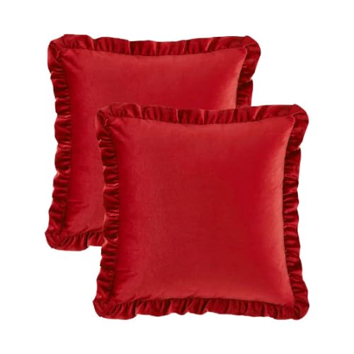 KNOTTING HOME Velvet Decorative Ruffle Cushion Pillow Covers for Sofa Couch and Home decor In Red Color