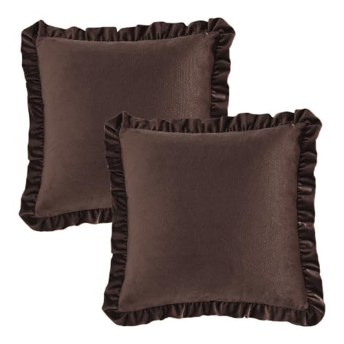 KNOTTING HOME Velvet Decorative Ruffle Cushion Pillow Covers for Sofa Couch and Home decor In Coffee Color