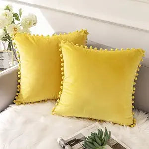 KNOTTING HOME Velvet Pompom Decorative Throw Pillow Covers Soft Solid Square Cushion Cover Pillow Decor, Yellow color