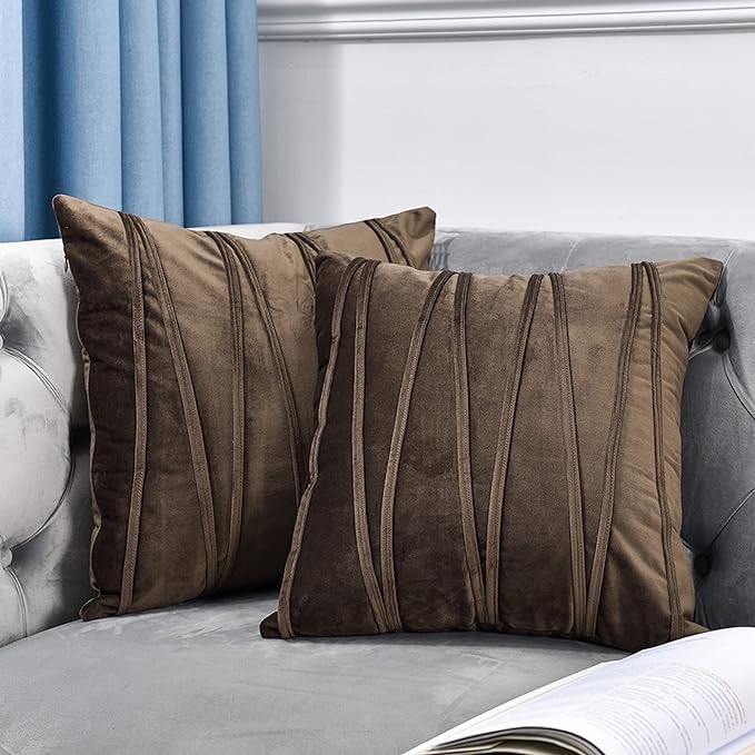 Knotting Home Decorative Striped Throw Pillow Covers Solid Velvet Pillow Covers Cushion Case with Zigzag Pattern for Sofa Bedroom coffee color