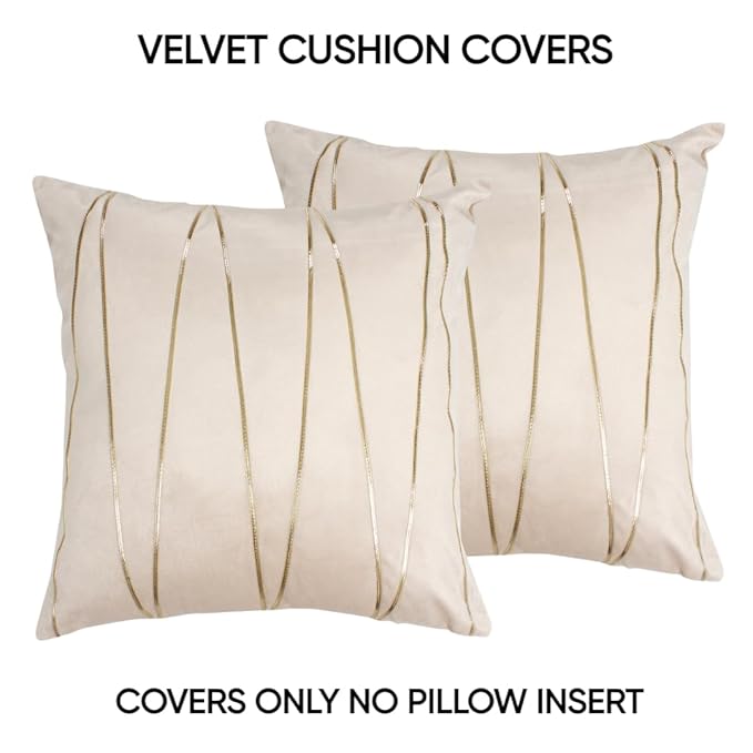 Knotting Home Decorative Beige Gold Striped Throw Pillow Covers ,Soft Solid Velvet Pillow Covers Cushion Case with Zigzag Pattern for Sofa Bedroom