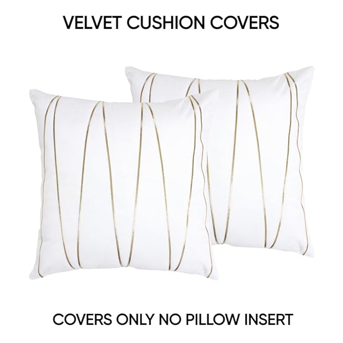 Knotting Home Decorative White Gold Striped Throw Pillow Covers ,Soft Solid Velvet Pillow Covers Cushion Case with Zigzag Pattern for Sofa Bedroom