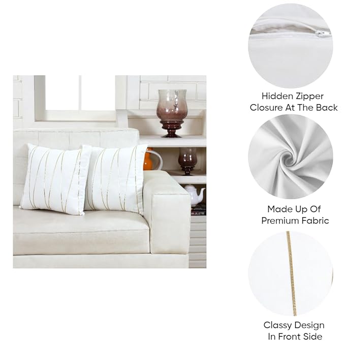 Knotting Home Decorative White Gold Striped Throw Pillow Covers ,Soft Solid Velvet Pillow Covers Cushion Case with Zigzag Pattern for Sofa Bedroom