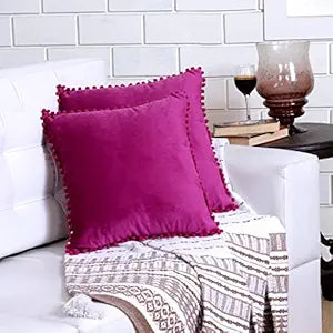 KNOTTING HOME Velvet Pompom Decorative Throw Pillow Covers Soft Solid Square Cushion Cover Pillow Decor, Purple color