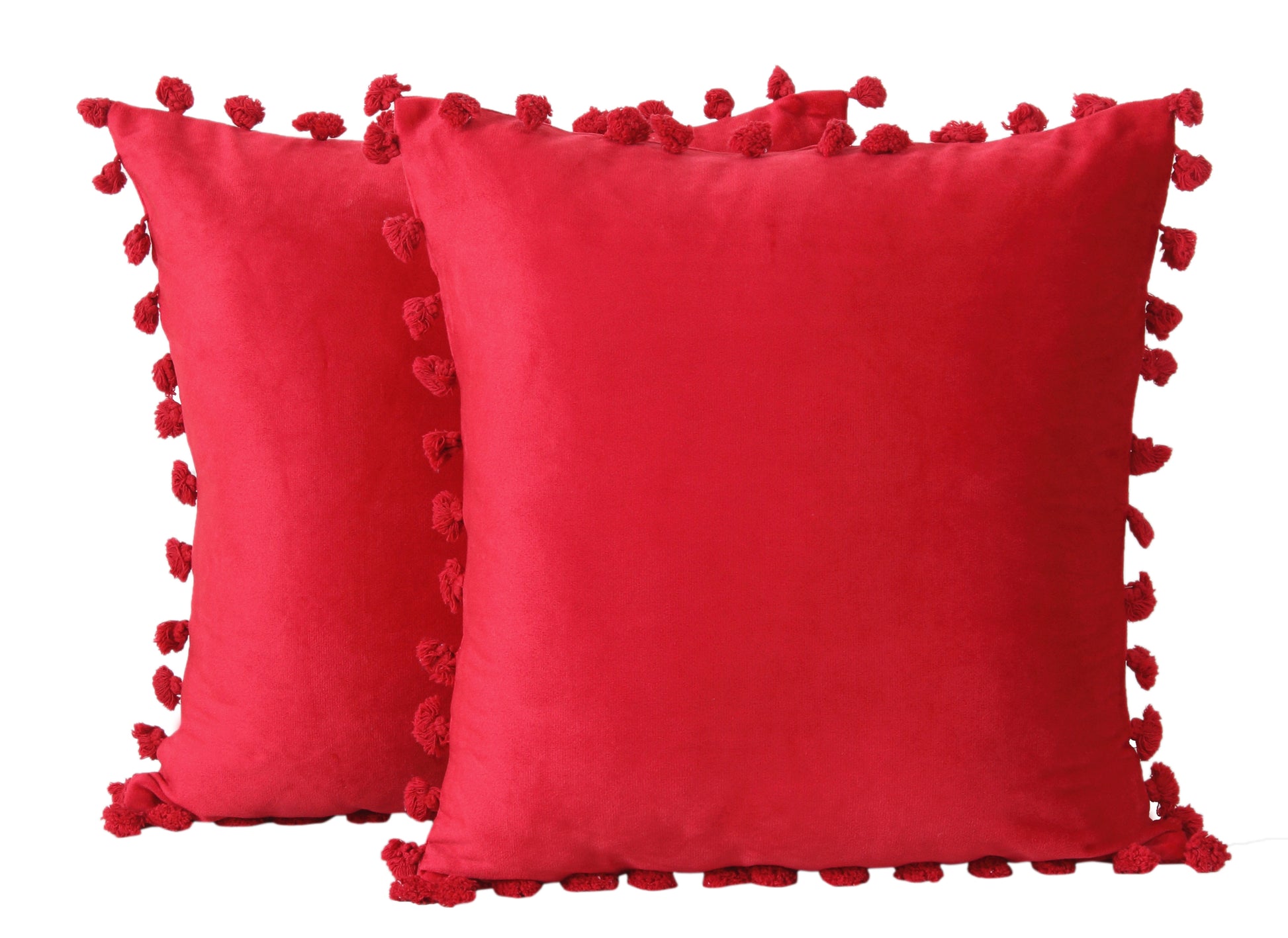 KNOTTING HOME Velvet Tassels Fringe Design Decorative Throw Pillow Covers Soft Solid Square Cushion Cover Pillow Decor,  Red color