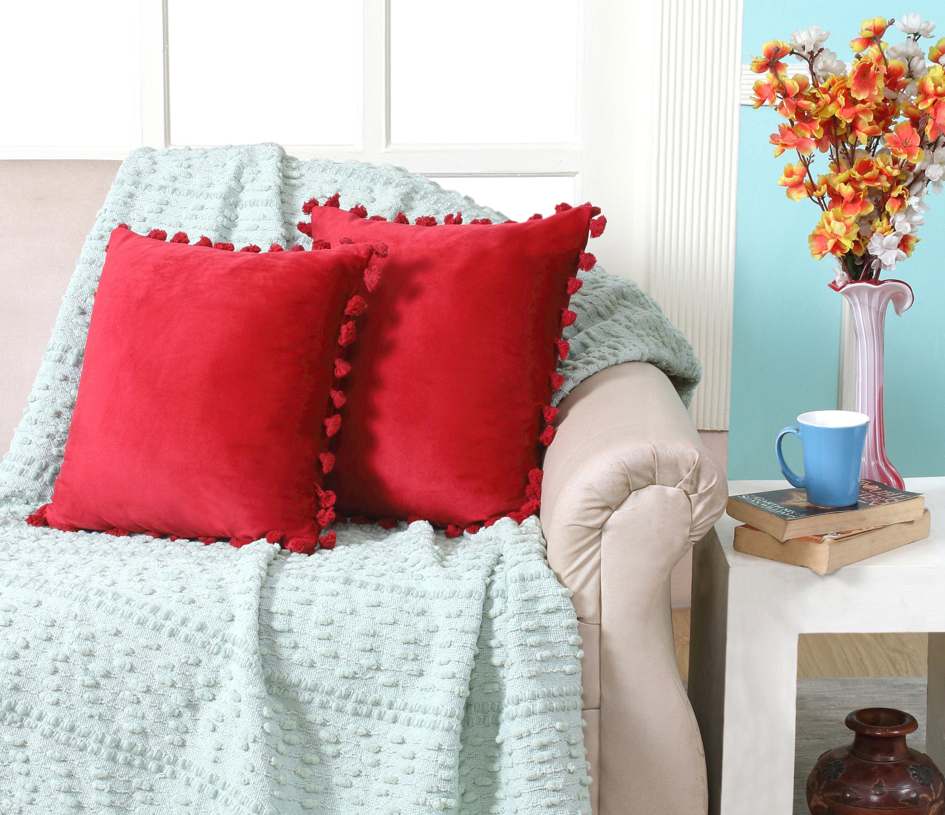 KNOTTING HOME Velvet Tassels Fringe Design Decorative Throw Pillow Covers Soft Solid Square Cushion Cover Pillow Decor,  Red color