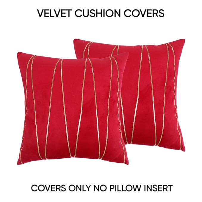 Knotting Home Decorative Wine Gold Striped Throw Pillow Covers ,Soft Solid Velvet Pillow Covers Cushion Case with Zigzag Pattern for Sofa Bedroom