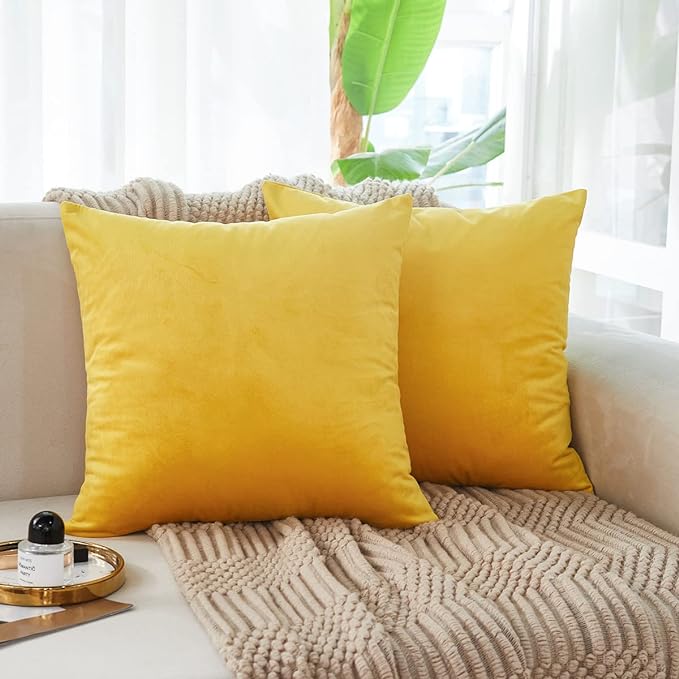 KNOTTING HOME Velvet Plain Decorative Throw Pillow Covers Soft Solid Square Cushion Cover Pillow Decor, Yellow color