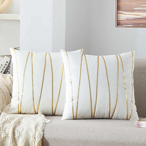 Knotting Home Decorative White Gold Striped Throw Pillow Covers ,Soft Solid Velvet Pillow Covers Cushion Case with Zigzag Pattern for Sofa Bedroom