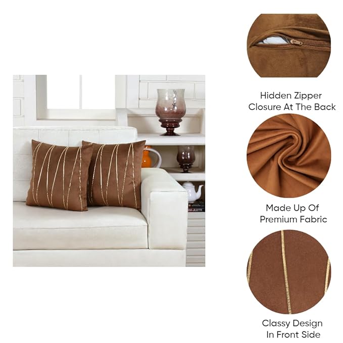 Knotting Home Decorative  Brown Gold Striped Throw Pillow Covers ,Soft Solid Velvet Pillow Covers Cushion Case with Zigzag Pattern for Sofa Bedroom