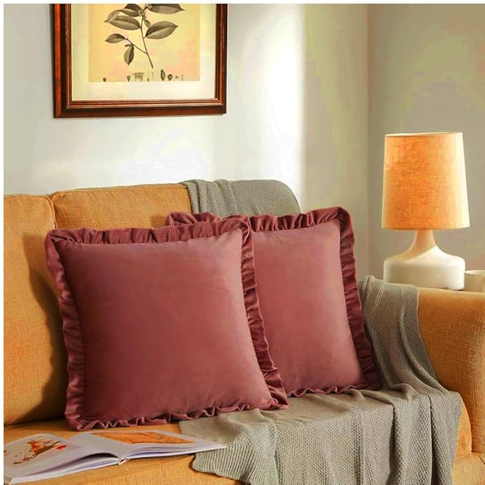 KNOTTING HOME Velvet Decorative Ruffle Cushion Pillow Covers for Sofa Couch and Home decor In Blush Color