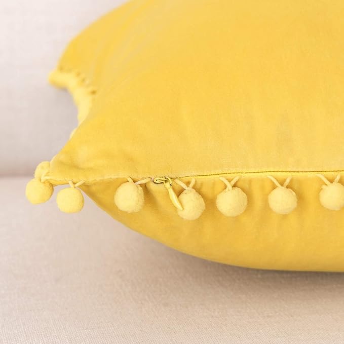 KNOTTING HOME Velvet Pompom Decorative Throw Pillow Covers Soft Solid Square Cushion Cover Pillow Decor, Yellow color