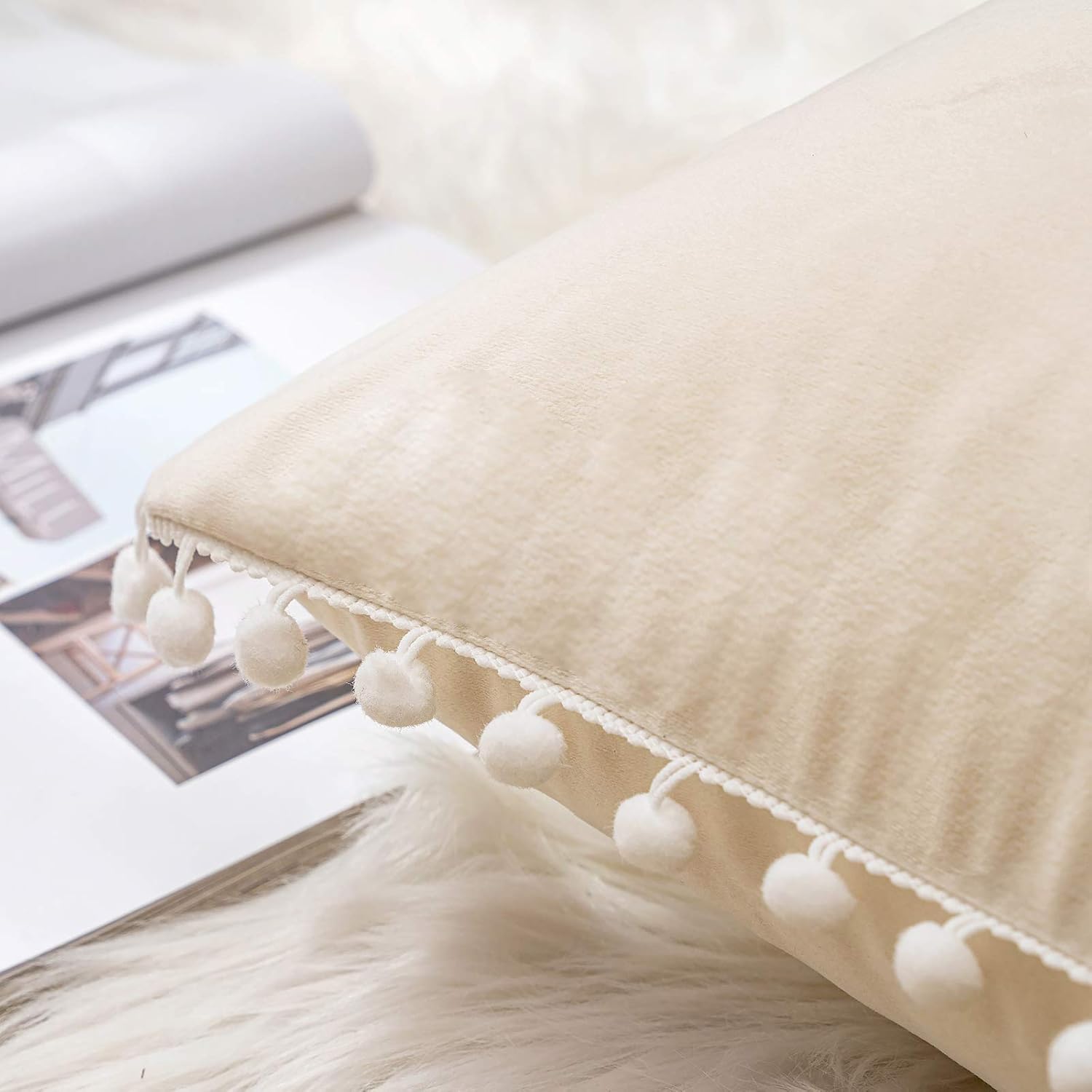 KNOTTING HOME Velvet Pompom Decorative Throw Pillow Covers Soft Solid Square Cushion Cover Pillow Decor, Cream color