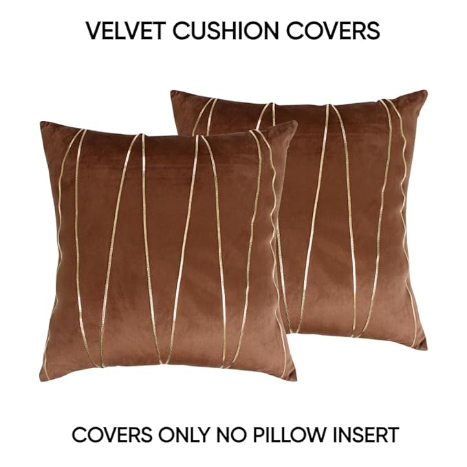 Knotting Home Decorative  Brown Gold Striped Throw Pillow Covers ,Soft Solid Velvet Pillow Covers Cushion Case with Zigzag Pattern for Sofa Bedroom