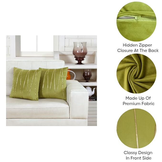 Knotting Home Decorative Green Gold Striped Throw Pillow Covers ,Soft Solid Velvet Pillow Covers Cushion Case with Zigzag Pattern for Sofa Bedroom