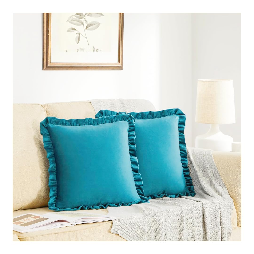 KNOTTING HOME Velvet Decorative Ruffle Cushion Pillow Covers for Sofa Couch and Home decor In Teal Color