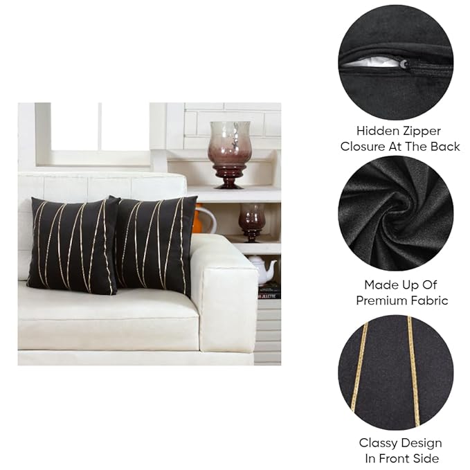 Knotting Home Decorative Black Gold Striped Throw Pillow Covers ,Soft Solid Velvet Pillow Covers Cushion Case with Zigzag Pattern for Sofa Bedroom