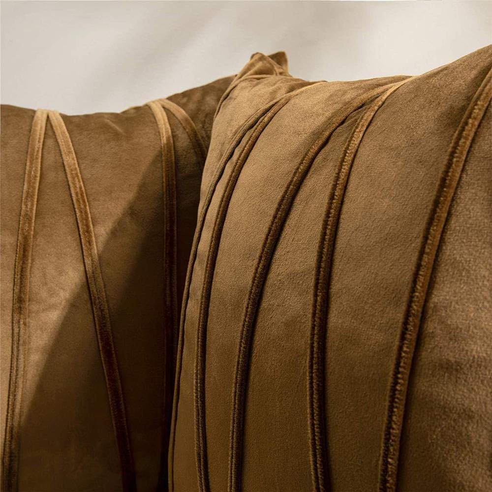 Knotting Home Decorative Striped Throw Pillow Covers Brown Color Solid Velvet Pillow Covers Cushion Case with Zigzag Pattern for Sofa Bedroom