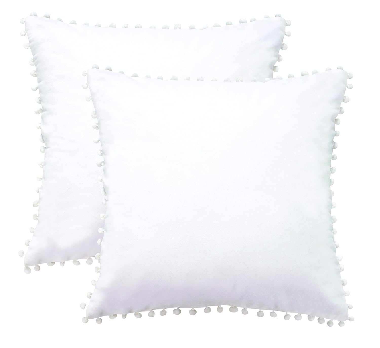 KNOTTING HOME Velvet Pompom Decorative Throw Pillow Covers Soft Solid Square Cushion Cover Pillow Decor, White color