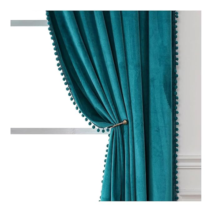 KNOTTING HOME Velvet Eyelet Door Curtains with pom pom Lace for Living Room Bedroom Kitchen  in D.Teal Color