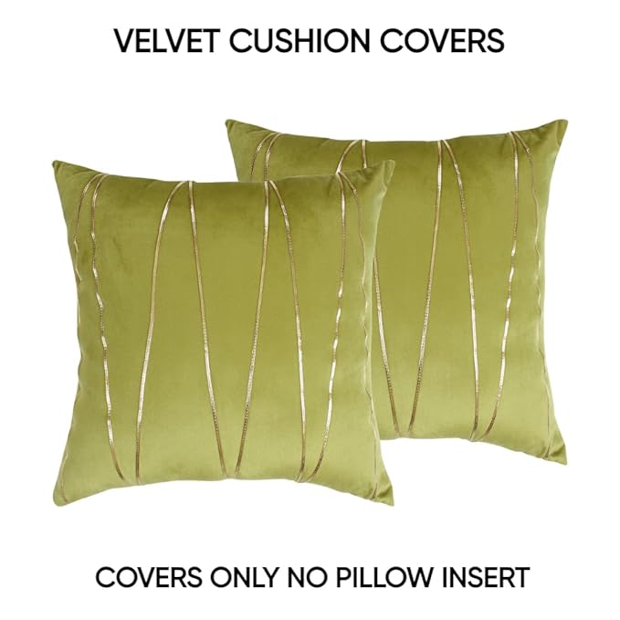 Knotting Home Decorative Green Gold Striped Throw Pillow Covers ,Soft Solid Velvet Pillow Covers Cushion Case with Zigzag Pattern for Sofa Bedroom