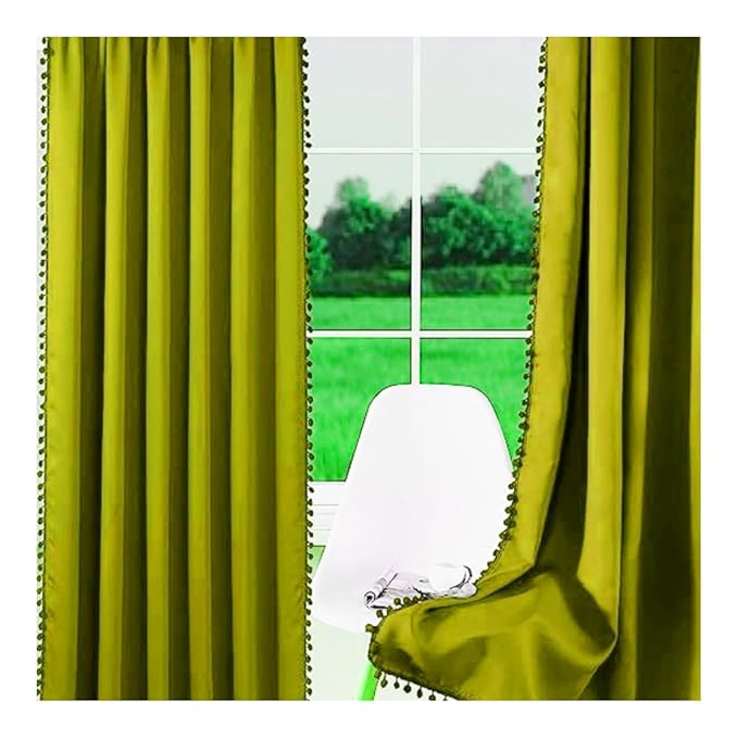 KNOTTING HOME Velvet Eyelet Door Curtains with pom pom Lace for Living Room Bedroom Kitchen in Green Color
