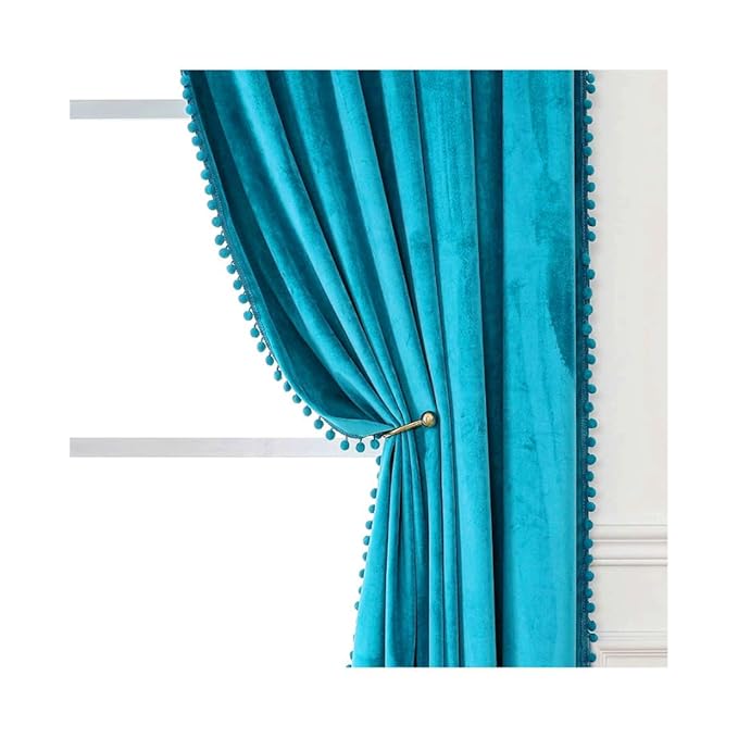 KNOTTING HOME Velvet Eyelet Door Curtains with pom pom Lace for Living Room Bedroom Kitchen in Teal Color