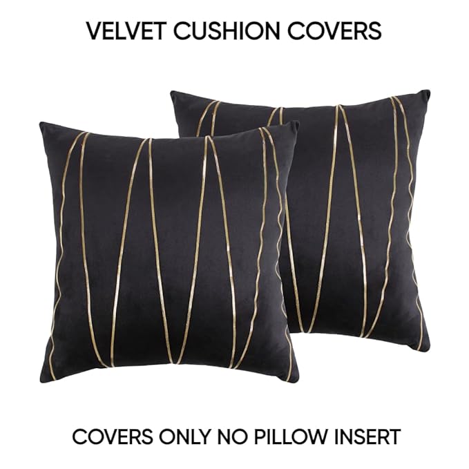 Knotting Home Decorative Black Gold Striped Throw Pillow Covers ,Soft Solid Velvet Pillow Covers Cushion Case with Zigzag Pattern for Sofa Bedroom