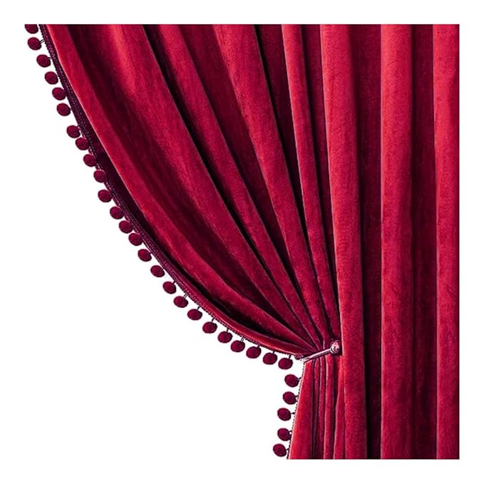 KNOTTING HOME Velvet Eyelet Door Curtains with pom pom Lace for Living Room Bedroom Kitchen in wine Color