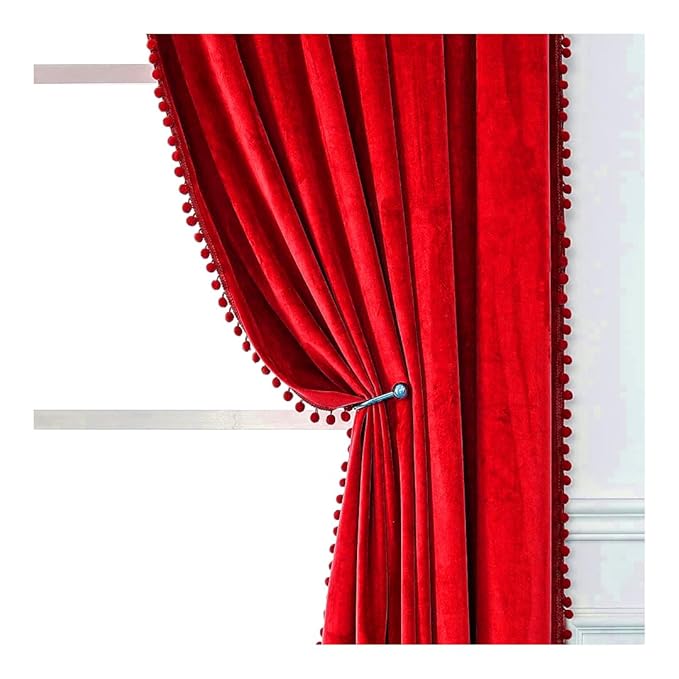 KNOTTING HOME Velvet Eyelet Door Curtains with pom pom Lace for Living Room Bedroom Kitchen in Red Color