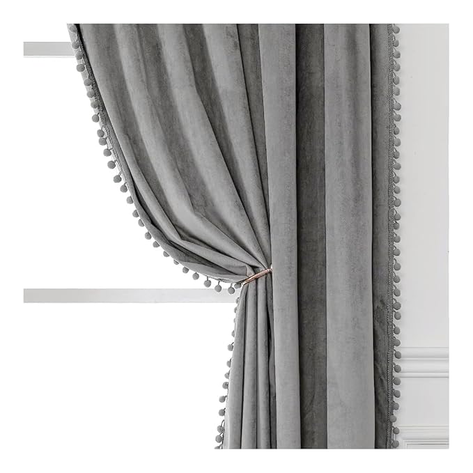 KNOTTING HOME Velvet Eyelet Door Curtains with pom pom Lace for Living Room Bedroom Kitchen in Silver Color