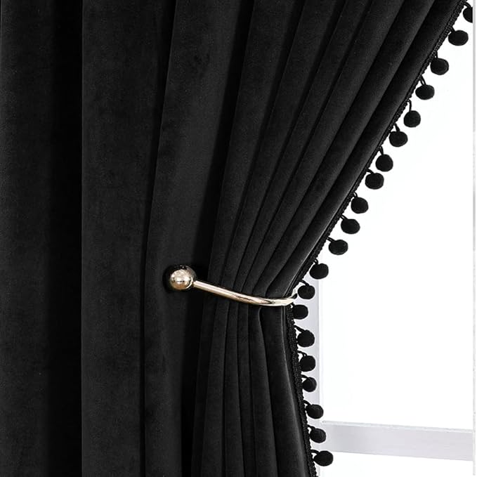 KNOTTING HOME Velvet Eyelet Door Curtains with pom pom Lace for Living Room Bedroom Kitchen in Black Color