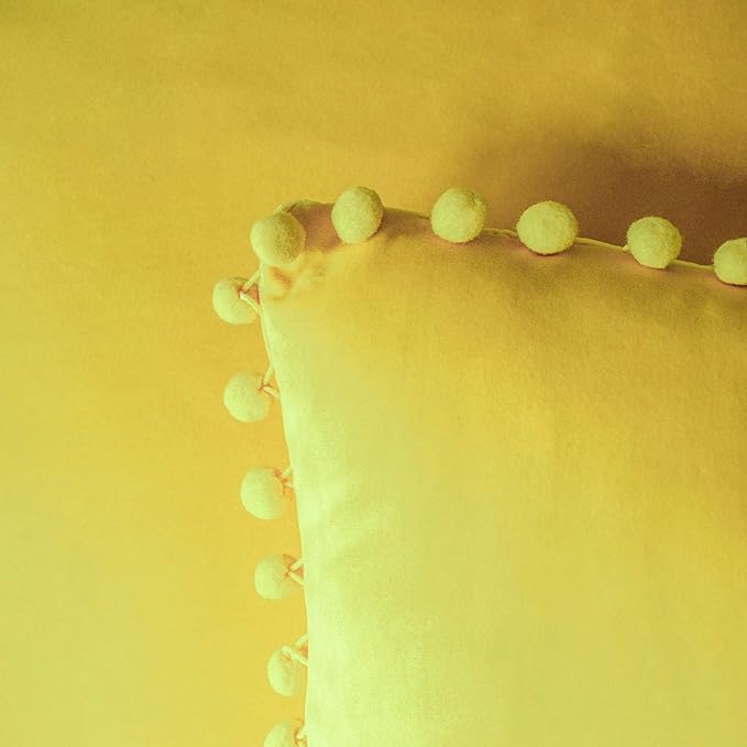 KNOTTING HOME Velvet Pompom Decorative Throw Pillow Covers Soft Solid Square Cushion Cover Pillow Decor, Yellow color