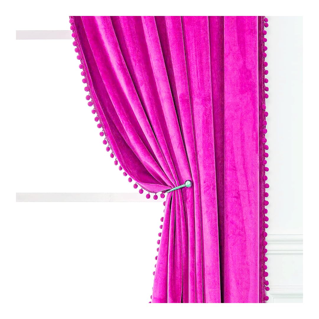 KNOTTING HOME Velvet Eyelet Door Curtains with pom pom Lace for Living Room Bedroom Kitchen in Purple Color