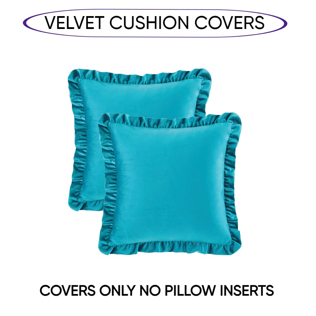 KNOTTING HOME Velvet Decorative Ruffle Cushion Pillow Covers for Sofa Couch and Home decor In Teal Color