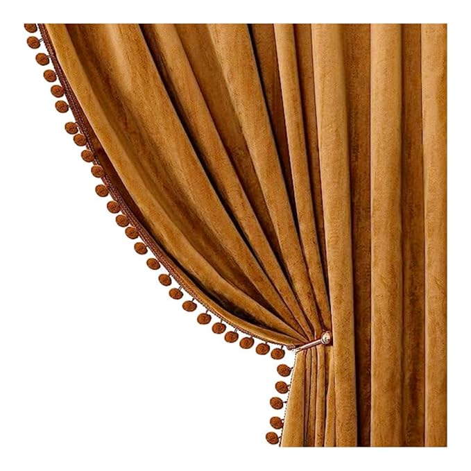 KNOTTING HOME Velvet Eyelet Door Curtains with pom pom Lace for Living Room Bedroom Kitchen in Brown Color