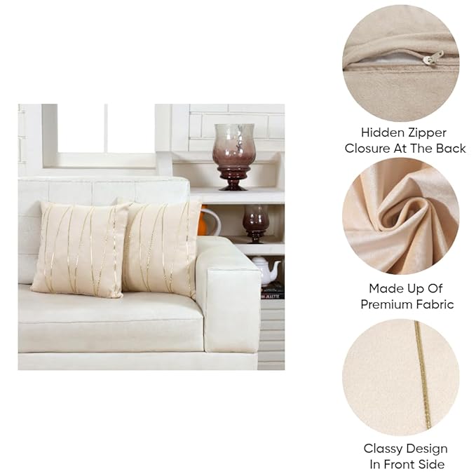 Knotting Home Decorative Beige Gold Striped Throw Pillow Covers ,Soft Solid Velvet Pillow Covers Cushion Case with Zigzag Pattern for Sofa Bedroom