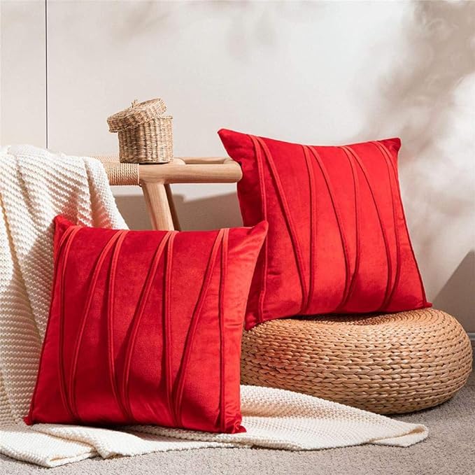 Knotting Home Decorative Striped Throw Pillow Covers  Red Color Soft Solid Velvet Pillow Covers Cushion Case with Zigzag Pattern for Sofa Bedroom