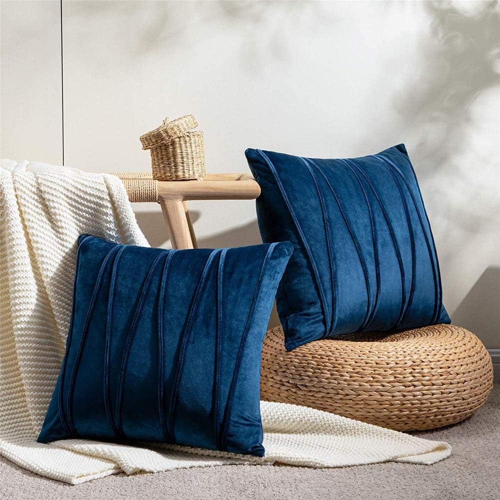 Knotting Home Decorative Striped Throw Pillow Covers  Blue Color ,Soft Solid Velvet Pillow Covers Cushion Case with Zigzag Pattern for Sofa Bedroom