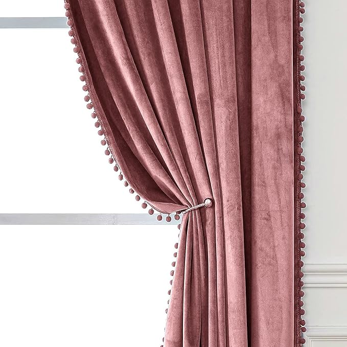 KNOTTING HOME Velvet Eyelet Door Curtains with pom pom Lace for Living Room Bedroom Kitchen in Blush Color