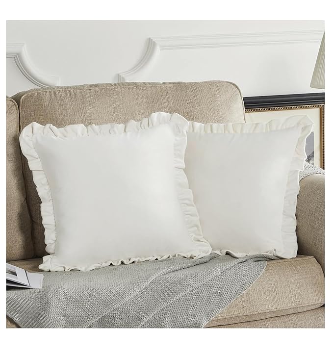 KNOTTING HOME Velvet Decorative Ruffle Cushion Pillow Covers for Sofa Couch and Home decor In White color