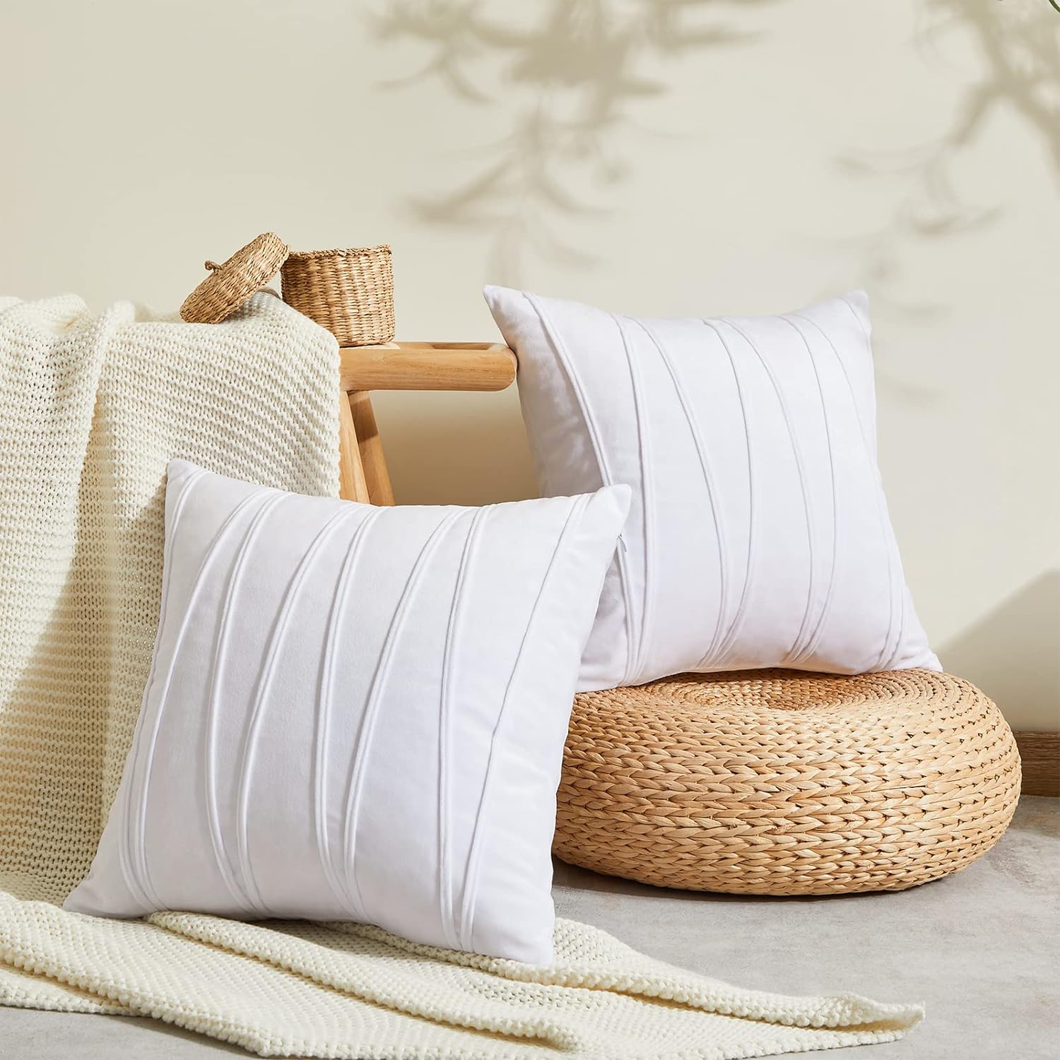 Knotting Home Decorative Striped Throw Pillow Covers White Color Solid Velvet Pillow Covers Cushion Case with Zigzag Pattern for Sofa Bedroom