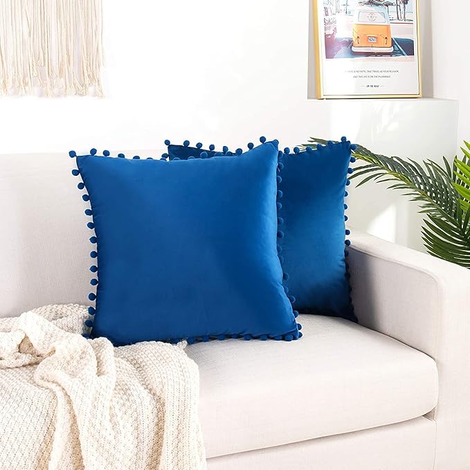 KNOTTING HOME Velvet Pompom Decorative Throw Pillow Covers Soft Solid Square Cushion Cover Pillow Decor, Blue color