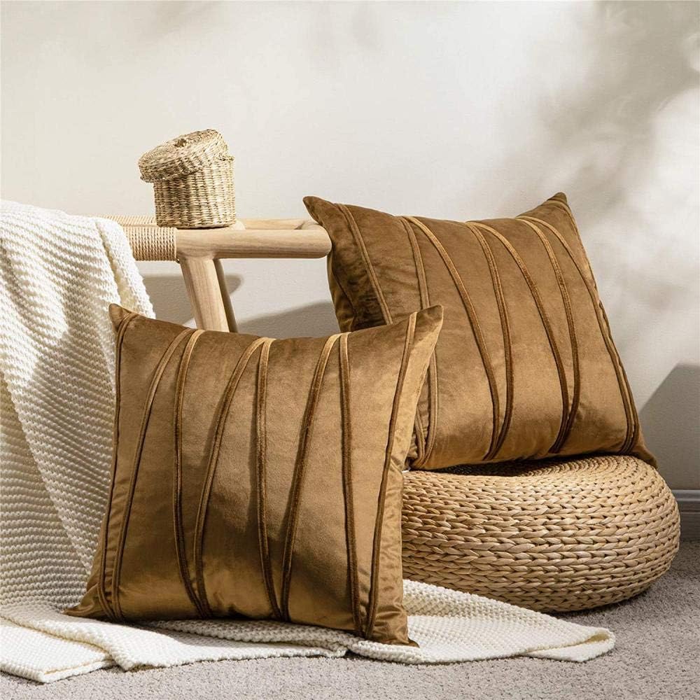 Knotting Home Decorative Striped Throw Pillow Covers Brown Color Solid Velvet Pillow Covers Cushion Case with Zigzag Pattern for Sofa Bedroom
